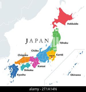 Les huit régions du Japon, carte politique. Unités traditionnelles, multicolores et utilisées à des fins statistiques et autres. Banque D'Images