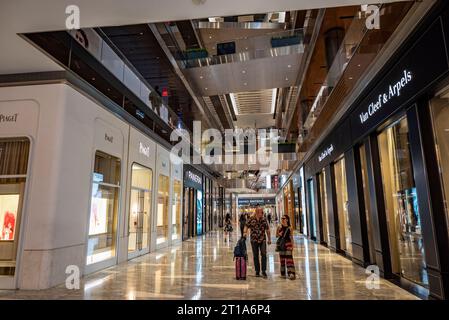 Scène de centre commercial haut de gamme avec des acheteurs se promenant autour du lèche-vitrine. Banque D'Images