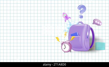 Retour à l'école, bannière scolaire en ligne, affiche. Sac à dos avec des fournitures scolaires sur le fond d'un papier à carreaux avec différentes icônes, vecteur Illustration de Vecteur