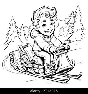 Boy Riding sur la page de coloriage de traîneau pour les enfants Illustration de Vecteur