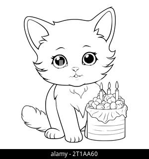 Dessin de pages à colorier d'anniversaire de chat pour les enfants Illustration de Vecteur