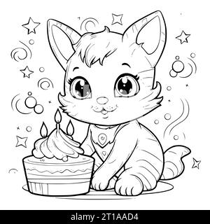 Dessin de pages à colorier d'anniversaire de chat pour les enfants Illustration de Vecteur