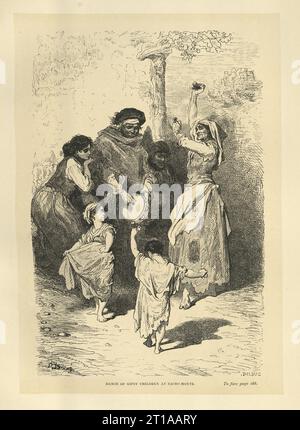 Illustration vintage, danse des enfants gipsy à Sacromonte, Grenade, Espagne, illustrée par Gustave Dore Banque D'Images