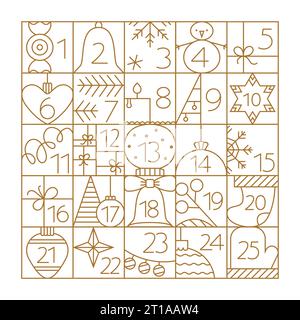 Éléments du calendrier de l'Avent de Noël avec des illustrations de lignes mignonnes. Grille d'icônes de contour simple. Illustration de Vecteur