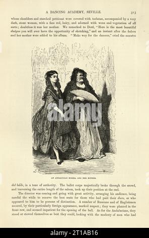 Illustration vintage de Gustave Dore, danseuse de Bolera anadalucienne et sa mère, Séville, Espagne 19e siècle, Une académie de danse Banque D'Images