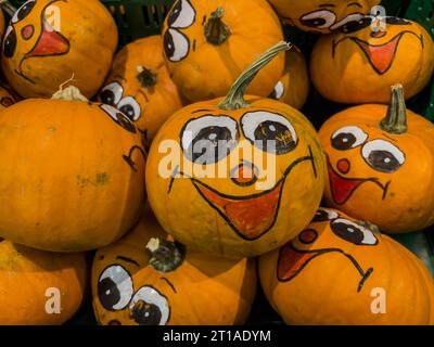 Citrouilles avec un visage souriant peint et des yeux joyeux. Citrouille gros plan. Banque D'Images