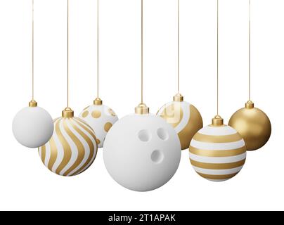 Boules de Noël suspendues Golden Bowling. illustration de rendu 3d isolée sur fond blanc. Banque D'Images