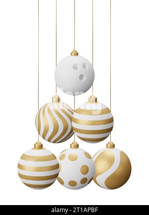 Boules de Noël suspendues Golden Bowling. illustration de rendu 3d isolée sur fond blanc. Banque D'Images