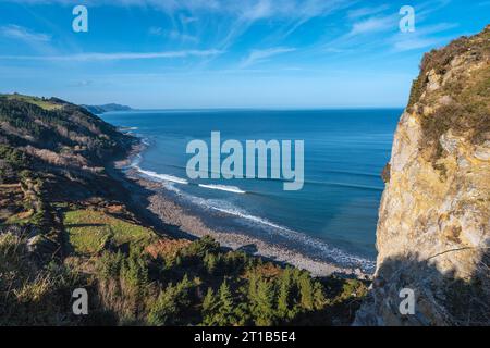 Vue vers Zumaia marcher le long de la côte de Deba à Zumaia. Pays Basque Banque D'Images