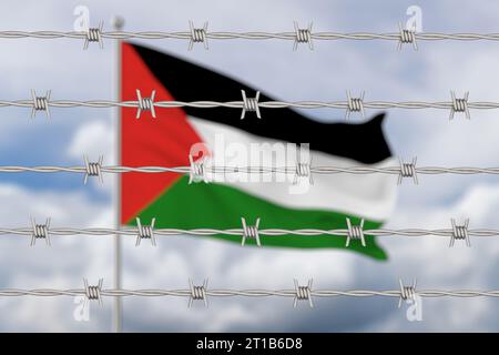 drapeau palestinien et fil barbelé en acier métallique sur fond de ciel. Illustration 3D. Banque D'Images