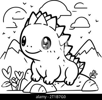 mignon petit dessin animé dinosaure dessin animé conception graphique en noir et blanc Illustration de Vecteur