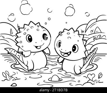 Coloriage page esquisse d'un couple mignon de dinosaures dans l'eau Illustration de Vecteur