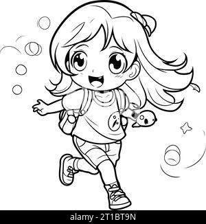 Mignonne petite fille jouant au football. Livre de coloriage pour les enfants. Illustration de Vecteur