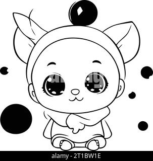 Mignon dessin animé de bébé chevreuil Kawaii en conception graphique d'illustration vectorielle noir et blanc Illustration de Vecteur