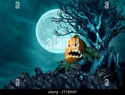 Halloween Creepy Pumpkin Tree comme un fantôme hanté la nuit en forme de crâne de monstre avec des citrouilles et des araignées comme un cimetière d'automne effrayant Banque D'Images