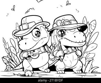 Coloriage Plan de Cartoon hippo et cow-boy jouant de la guitare Illustration de Vecteur