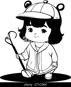 Mignonne petite fille jouant au baseball. Illustration vectorielle en noir et blanc. Illustration de Vecteur