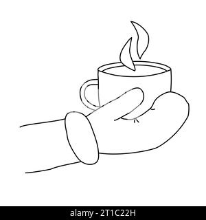 Main dans la moufle tenant une tasse de café avec de la vapeur, des boissons d'hiver à l'extérieur, temps de café ou concept de pause-café, illustration vectorielle, illustration vectorielle de contour plat de style doodle pour livre de coloriage d'enfants Illustration de Vecteur