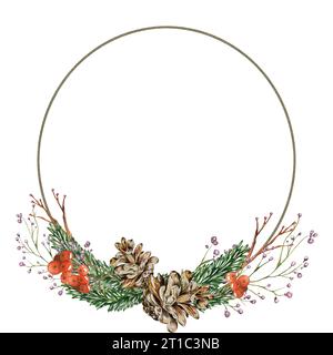 Composition de Noël. cadre de couronne. cônes, branches de sapin, baies et herbe de décoration. Illustration à l'aquarelle. Pour carte postale design. Banque D'Images