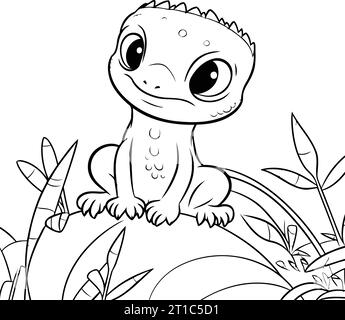 Mignon petit lézard assis sur l'herbe. Livre de coloriage pour les enfants. Illustration de Vecteur