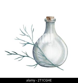 Ensemble de bocal en verre, vase avec bouchon en bois, couvercle. Algues bleu océan, corail. Clipart dessiné à la main aquarelle isolé sur fond blanc. jeu de béchers Banque D'Images