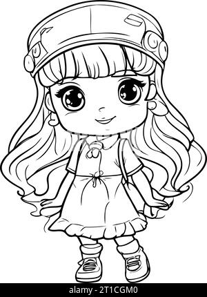 Mignonne petite fille en casquette de baseball. Illustration vectorielle pour livre de coloriage. Illustration de Vecteur