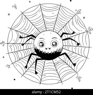 Araignée de dessin animé mignon dans le web. Illustration vectorielle en noir et blanc. Illustration de Vecteur