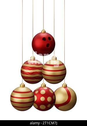 Boules de Noël suspendues bowling rouges et dorées. illustration de rendu 3d isolée sur fond blanc. Banque D'Images