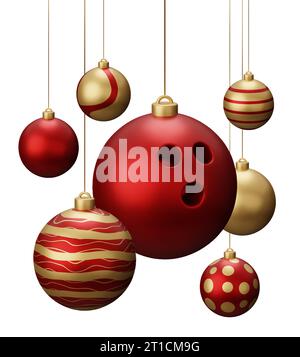 Boules de Noël suspendues bowling rouges et dorées. illustration de rendu 3d isolée sur fond blanc. Banque D'Images