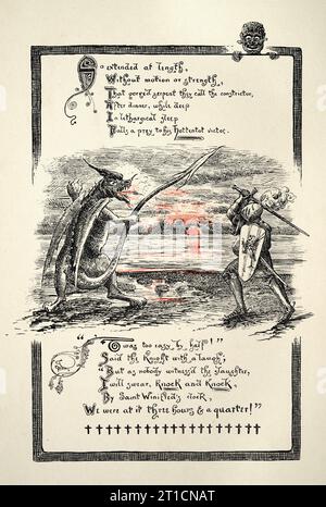 Chevalier combattant un dragon respirant le feu. Page du Chevalier et du Dragon de Thomas Hood, mythologie fantastique, illustré par Ernest Maurice Jessop Banque D'Images