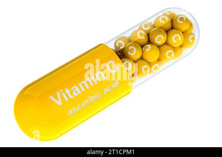 Capsule de vitamine C, acide ascorbique. Rendu 3D isolé sur fond blanc Banque D'Images