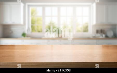 comptoir en bois brun vide pour l'affichage du produit sur fond intérieur de cuisine maison blanc flou Banque D'Images
