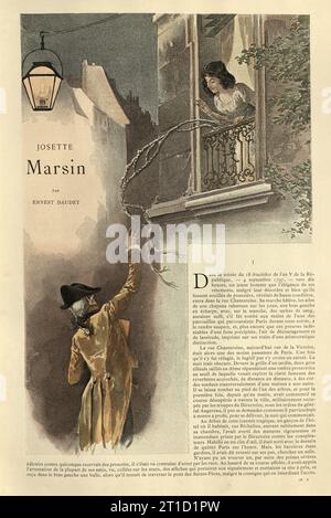 Illustration vintage pour l'histoire Josette Marsin par Ernest Daudet, femme jetant une échelle de corde vers le bas à son amant, français, 19e siècle Banque D'Images