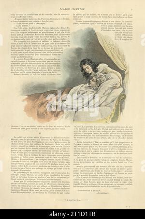 Illustration vintage pour l'histoire Josette Marsin par Ernest Daudet, Jeune femme pilotant des oreillers derrière une tête d'homme, Romance française, 19e siècle Banque D'Images