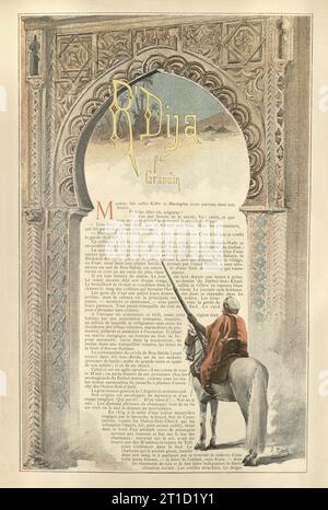 Illustration vintage R'Dija par Grandin, passerelle de style arabe mauresque, Homme à cheval avec arme à feu, français, années 1890, 19e siècle Banque D'Images