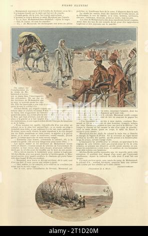 Illustration vintage R'Dija par Grandin, Afrique du Nord arabe, Homme se plaignant aux officiels français, Riding in Desert, années 1890, 19e siècle Banque D'Images