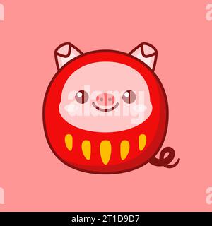 Mignon et Kawaii style japonais Daruma Doll Pig Illustration de Vecteur