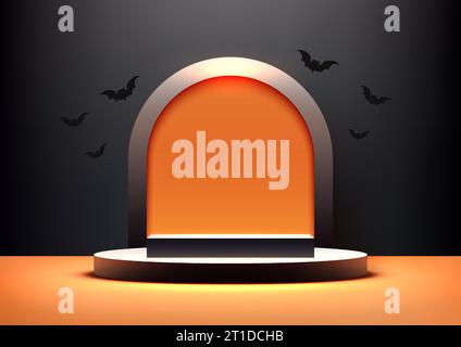 Présentez vos produits avec style avec cette maquette d'affichage de produit de podium noir réaliste 3D avec fond arrondi et battes. Parfait pour Halloween-thème Illustration de Vecteur