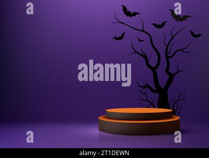 Maquette 3D réaliste d'affichage de podium noir et orange sur la décoration de fond de mur violet avec arbre mort noir et chauves-souris. Parfait pour Halloween- Illustration de Vecteur