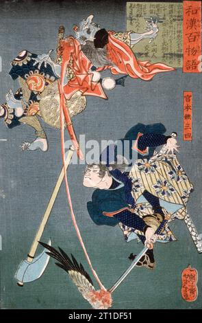 Miyamoto Musashi slashing a Tengu, 1865. De cent récits fantômes de Chine et du Japon. Banque D'Images