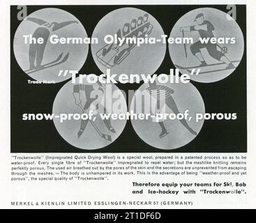 1935 publicité pour les vêtements Trockenwolle résistant à la neige / aux intempéries pour les sports d'hiver produit par MERKEL & KIEILIN Ltd promouvant les IVes JEUX OLYMPIQUES D'HIVER à GARMISCH -PARTENKIRCHEN en Allemagne du 6 au 16 février 1936 et XIes JEUX OLYMPIQUES BERLIN 1936 en Allemagne du 1 au 16 août Banque D'Images