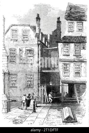 Maisons anciennes dans le Temple, et la tombe d'Oliver Goldsmith, [Londres], 1860. 'Un soir d'avril 1774, il est enregistré, le poète a été enterré sans la construction de l'église du Temple. M. Cunningham dit que cette inhumation a eu lieu à l'est du chœur. Nous avons, cependant, une tradition que Goldsmith a été enterré en face de la porte menant à la sacristie... d'un côté de ce mémorial est inscrit "ici se trouve Oliver Goldsmith" ; de l'autre, "né le 10 mars 1728. Décédé le 4 avril 1774."...beaucoup viennent ici, en particulier les visiteurs d'Amérique et de lieux étrangers, pour regarder fo Banque D'Images