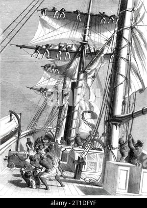 L'expédition Livingstone en Afrique - S.M.S. "Lynx", envoyé pour le soulagement de l'expédition, prenant la voile pendant un squall, 1860. Gravure à partir d'un croquis de '...T. Baines, Esq., artiste de l'expédition Livingstone, du Lynx... avec des esclaves sur son pont capturés dans un boutre arabe sur la côte est de l'Afrique. Mission britannique pour trouver l'explorateur et missionnaire David Livingstone. Extrait de "Illustrated London News", 1860. Banque D'Images