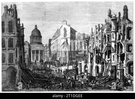 Démolitions de Paris - enlèvement d'une partie du quartier Latin - d'après un dessin de M. Thorigny, 1860. « Le quartier en cours de destruction est démoli pour deux raisons, le prolongement du boulevard de Sébastopol et l'agrandissement de la rue Soufflot, afin de désengager l'église du Panthéon [vue en arrière-plan], et faciliter la vue de son péristyle gracieux de loin...les d&#xe9;bris sont emportés avec une grande promptitude...afin que l'obstruction à la circulation puisse être aussi courte que possible...les rues les plus proches du Luxembourg, en face du Panthéon, étaient de Banque D'Images