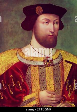 Roi Henri VIII (1491-1547), c1519. Henry VIII dans une veste en tissu d'or sur un doublet de velours rouge. C'est le plus ancien type de portrait enregistré d'Henri VIII et il est antérieur au célèbre motif Holbein de près de vingt ans. Il a probablement été peint quand Henri VIII avait vingt-huit ans. Banque D'Images
