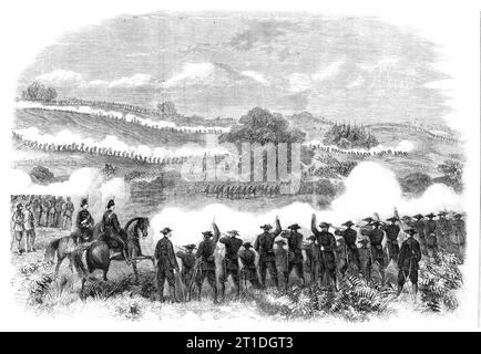 Le combat des volontaires Sham à Camden Park - deuxième position de la force d'attaque, 1860. Fausse bataille "miniature" par des soldats britanniques dans le Kent. 'Les tirailleurs de la défense ont traversé le ruisseau rapidement, et l'amende attaquante s'est pressée vers l'avant, maintenant un tir rapide... cette première apparition et avance de la force attaquante a été l'une des meilleures parties du spectacle, en particulier le coup de feu sorti du bois, qui avait caché leur mouvement vers l'avant par son "écran feuillu"... les tirs étaient lourds des deux côtés... une partie de la ligne d'attaque traversait le ruisseau, et prenait ses courageux défenseurs Banque D'Images