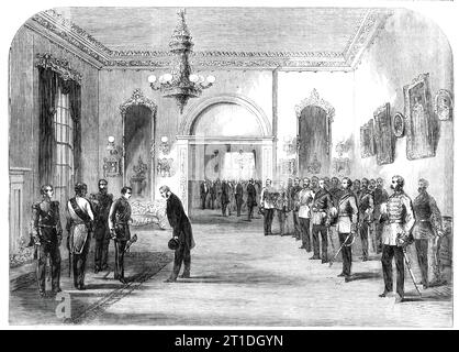 Présentations à son Altesse Royale le Prince de Galles à la Résidence du Gouverneur général, Halifax, [Canada], 1860. Le futur roi Édouard VII visite l'Amérique du Nord. '...le standard royal, dirigé par un signaleur du Nil, annonça que Government House était pour l'époque, par son occupation par le prince, converti en palais. Les sentinelles ont ensuite été doublées et un garde permanent a campé sur la pelouse. Les deux chambres de l'Assemblée législative ont rencontré son Altesse Royale dans l'une des plus grandes salles pour lui présenter l'adresse de l'exécutif, au nom du peuple. La présentation a suivi de façon appropriée Banque D'Images