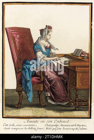 Recueil des modes de la cour de France, 'aminte en son Cabinet', entre circa 1678 et circa 1693. Banque D'Images