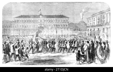 La brigade britannique marchant dans la rue Largo Francesco di Paola, Naples - d'après un croquis de notre artiste spécial, Frank Vizetelly, 1860. Les soldats britanniques se battent pour Garibaldi en Italie. « L'accueil de ces bénévoles a été des plus enthousiastes. Des bouquets ont été arrosés sur eux de tous les côtés, et, étant pris par les soldats, ont été placés par eux sur les pointes de leurs baïonnettes... d'abord dans l'ordre du long tableau vient procession après procession des gardes nationaux avec des drapeaux de la population criant "Viva Inghilterra!" Viva gli Inglesi ! et nous enlevons nos chapeaux ; de foules dirigées par de jeunes femmes wi Banque D'Images