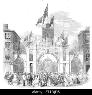 Le prince de Galles au Canada - l'arche des orangistes à Toronto, 1860. Le futur roi Édouard VII en Amérique du Nord. "L'explosion de l'orangisme dans le Haut-Canada a conduit... à plusieurs résultats désagréables, et a été le moyen d'empêcher le prince de Galles de débarquer à Kingston et Belleville... après une correspondance d'une certaine longueur entre le maire de Toronto et le duc de Newcastle, les orangistes, cependant, ont cédé, et le prince fit une entrée triomphale. Mais, malgré les fiançailles engagées par les orangistes, et en vertu de laquelle seule promesse solennelle le prince a été amené à débarquer, l'arc d'Orange Banque D'Images